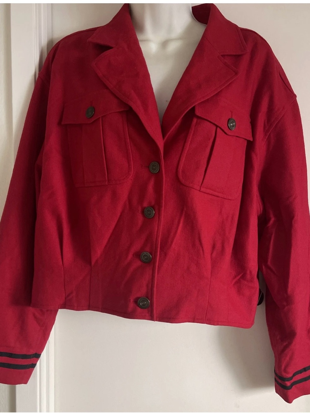 VTG Liz Wear Womens Red Jacket Moto Military Crop Blazer Button Front Collar M